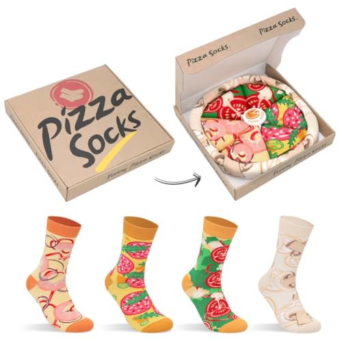 Lustige Pizza Socken Box Damen Teenager Mama Mädchen-Geschenke für Frauen Bunte Lustig Witzige Verrückte Muttertagsgeschenk Socken Motiv Ostern Geschenkideen Weihnachten Geburtstagsgeschenk - 4 Paar von AGRIMONY