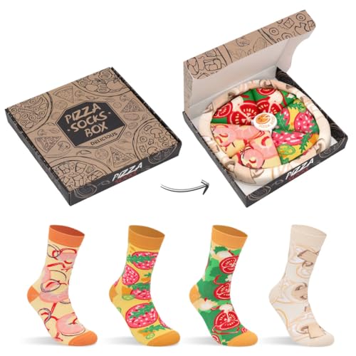 Lustige Pizza Socken Box Herren Damen Papa Jungen-Geschenke für Männer Bunte Lustig Witzige Verrückte Vatertagsgeschenk Socken Mit Motiv Ostern Geschenkideen Weihnachten Geburtstagsgeschenk - 4 Paar von AGRIMONY