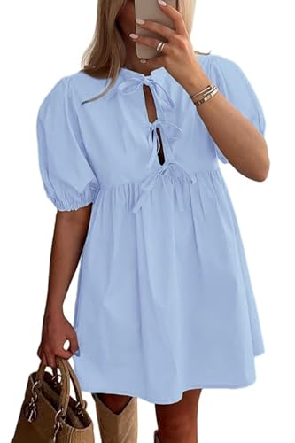 AGTCARE Damen Freizeitkleider Kurze Puffärmel A-Linie Minikleid mit versteckten Knöpfen für Sommer von AGTCARE