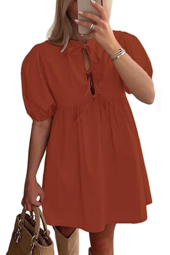 AGTCARE Damen Freizeitkleider Kurze Puffärmel A-Linie Minikleid mit versteckten Knöpfen für Sommer von AGTCARE