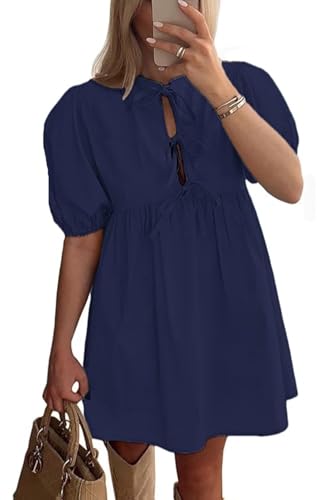 AGTCARE Damen Freizeitkleider Kurze Puffärmel A-Linie Minikleid mit versteckten Knöpfen für Sommer von AGTCARE