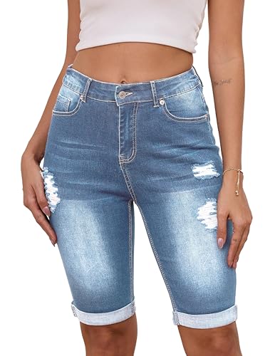 AGUCEG Damen Bermuda Shorts High Waist Skinny Zerrissene Rohem Saum Klassische Bermuda Denim Shorts L Große Azurblau von AGUCEG