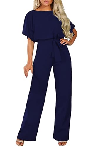 AGUCEG Damen Elegante Elastizität Halbe Ärmel Laterne Ärmel Weites Bein Jumpsuit Mit Gürtell XXL XX-Large Blau von AGUCEG
