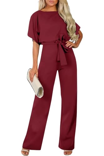 AGUCEG Damen Elegante Elastizität Halbe Ärmel Laterne Ärmel Weites Bein Jumpsuit Mit Gürtell XXL XX-Large Rot von AGUCEG