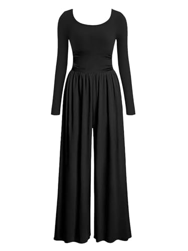 AGUCEG Damen Herbst-Winter Jumpsuit Quadratischer Ausschnitt langen Ärmeln Overall Weites Bein Romper Mit Taschen Elegant Casual Einteiler One Piece Baggy L Große Schwarz von AGUCEG