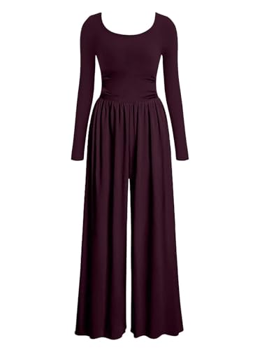 AGUCEG Damen Herbst-Winter Jumpsuit Quadratischer Ausschnitt langen Ärmeln Overall Weites Bein Romper Mit Taschen Elegant Casual Einteiler One Piece Baggy L Große Violett von AGUCEG