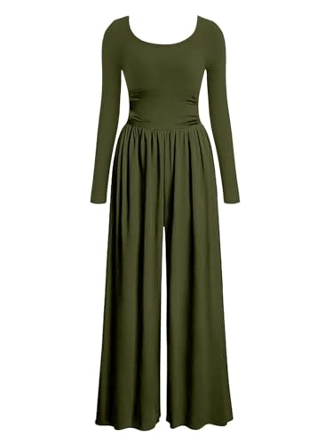 AGUCEG Damen Herbst-Winter Jumpsuit Quadratischer Ausschnitt langen Ärmeln Overall Weites Bein Romper Mit Taschen Elegant Casual Einteiler One Piece Baggy M Mittel Grün von AGUCEG