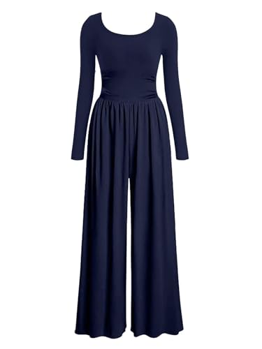 AGUCEG Damen Herbst-Winter Jumpsuit Quadratischer Ausschnitt langen Ärmeln Overall Weites Bein Romper Mit Taschen Elegant Casual Einteiler One Piece Baggy S Klein Blau von AGUCEG