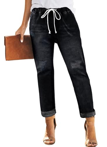 AGUCEG Damen High Waist Jeans Lässig Elastisch Straight Fit Ripped Knie Design L Große Schwarz von AGUCEG