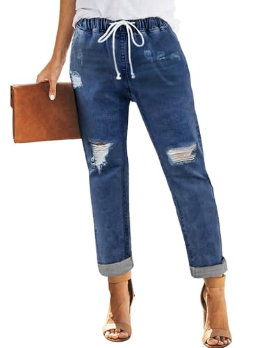 AGUCEG Damen High Waist Jeans Lässig Elastisch Straight Fit Ripped Knie Design S Klein Blau von AGUCEG