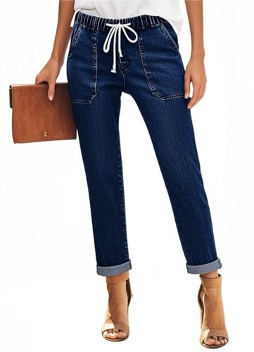 AGUCEG Damen Lässig High Waist Jeans Damen Boyfriend Straight Stretch Jeans L Große Dunkelblau von AGUCEG