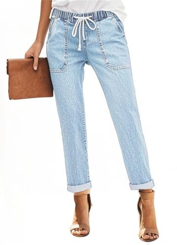 AGUCEG Damen Lässig High Waist Jeans Damen Boyfriend Straight Stretch Jeans L Große Hellblau von AGUCEG