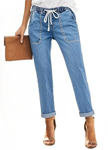 AGUCEG Damen Lässig High Waist Jeans Damen Boyfriend Straight Stretch Jeans M Mittel Azurblau von AGUCEG