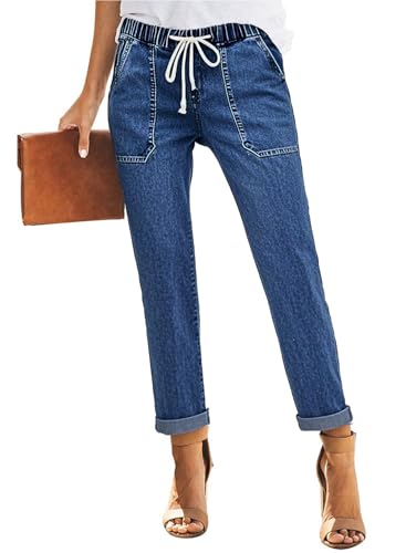 AGUCEG Damen Lässig High Waist Jeans Damen Boyfriend Straight Stretch Jeans M Mittel Blau von AGUCEG