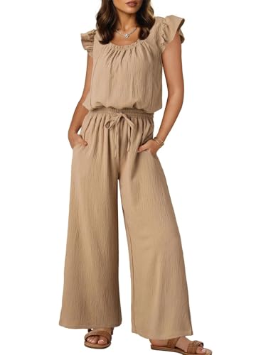 AGUCEG Damen Sommer Ärmellos Jumpsuit Overall Lang Hosenanzug Casual Weitbeinige Hose mit Taschen M Mittel Aprikose von AGUCEG