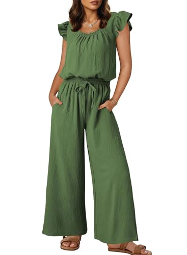 AGUCEG Damen Sommer Ärmellos Jumpsuit Overall Lang Hosenanzug Casual Weitbeinige Hose mit Taschen M Mittel Grün von AGUCEG