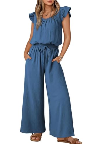 AGUCEG Damen Sommer Ärmellos Jumpsuit Overall Lang Hosenanzug Casual Weitbeinige Hose mit Taschen S Klein Saphirblau von AGUCEG