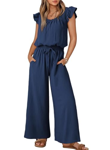 AGUCEG Damen Sommer Ärmellos Jumpsuit Overall Lang Hosenanzug Casual Weitbeinige Hose mit Taschen XL X-Large Blau von AGUCEG