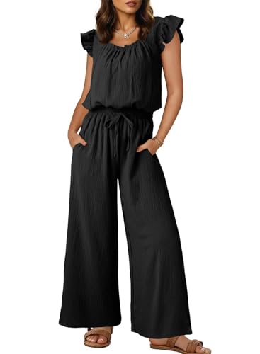 AGUCEG Damen Sommer Ärmellos Jumpsuit Overall Lang Hosenanzug Casual Weitbeinige Hose mit Taschen XL X-Large Schwarz von AGUCEG