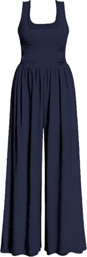 AGUCEG Damen Sommer Jumpsuit Quadratischer Ausschnitt Ärmellos Overall Weites Bein Romper Mit Taschen Elegant Casual Einteiler One Piece Baggy M Mittel Blau von AGUCEG
