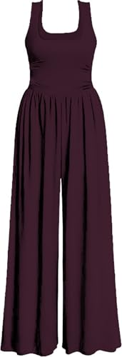 AGUCEG Damen Sommer Jumpsuit Quadratischer Ausschnitt Ärmellos Overall Weites Bein Romper Mit Taschen Elegant Casual Einteiler One Piece Baggy M Mittel Violett von AGUCEG