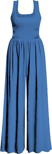 AGUCEG Damen Sommer Jumpsuit Quadratischer Ausschnitt Ärmellos Overall Weites Bein Romper Mit Taschen Elegant Casual Einteiler One Piece Baggy S Klein Hellblau von AGUCEG