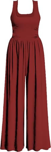 AGUCEG Damen Sommer Jumpsuit Quadratischer Ausschnitt Ärmellos Overall Weites Bein Romper Mit Taschen Elegant Casual Einteiler One Piece Baggy S Klein Rot von AGUCEG