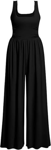 AGUCEG Damen Sommer Jumpsuit Quadratischer Ausschnitt Ärmellos Overall Weites Bein Romper Mit Taschen Elegant Casual Einteiler One Piece Baggy S Klein Schwarz von AGUCEG
