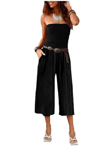AGUCEG Damen Sommer Jumpsuit Trägerlos Rückenfrei Capri Elegant Overall Romper Mit Taschen Casual S Klein Schwarz von AGUCEG