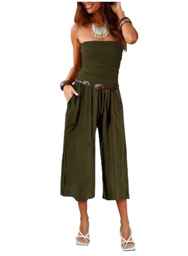 AGUCEG Damen Sommer Jumpsuit Trägerlos Rückenfrei Capri Elegant Overall Romper Mit Taschen Casual XL X-Large Grün von AGUCEG