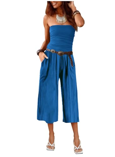 AGUCEG Damen Sommer Jumpsuit Trägerlos Rückenfrei Capri Elegant Overall Romper Mit Taschen Casual XL X-Large Hellblau von AGUCEG