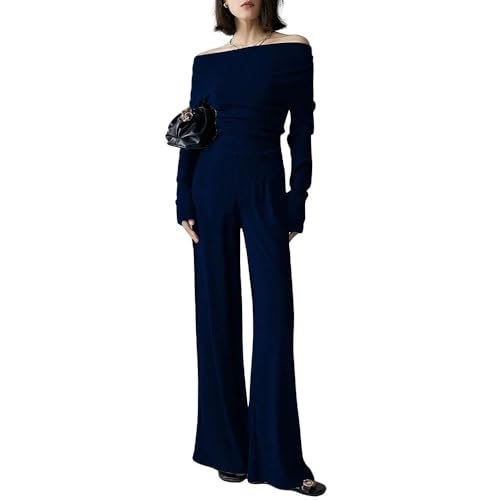 AGUCEG Damen trägerlos Jumpsuit Casual Komfort weites Bein lange Ärmel mit Taschen Jumpsuit XL X-Large Blau von AGUCEG