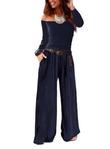 AGUCEG Damen trägerlos Wrap Jumpsuit Casual Komfort weites Bein Hosen Set von Taschen Loose Jumpsuit M Mittel Blau von AGUCEG