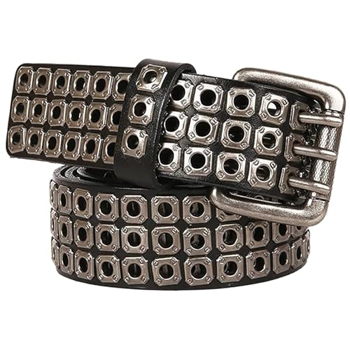 AGUTALITHIC 3 Reihen Grommet Nietengürtel 105-150cm Extra Länge Ledergürtel Für Herren Damen, Gothic Punk Rindsleder Gürtel Mit Hohl Nieten Löcher 3 Dornschließe 3.8cm Breit(150cm/59, Black) von AGUTALITHIC