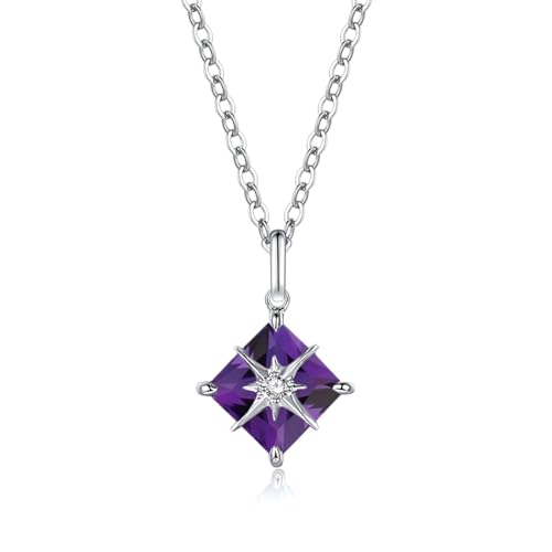 AGVANA 14 Karat massiver Weißgold Diamant Amethyst Anhänger mit Sterling Silber Kette, 8x8mm Sternen Solitaire Februar Geburtsstein Halsketten Feine Schmuck Jubiläum Geburtstagsgeschenke für Frauen von AGVANA