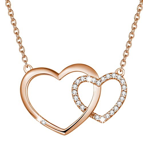 AGVANA Herz Kette Roségold, 925 Sterling Silber Doppelte Herzkette Funkelnd Zirkonia Herz Anhänger Halskette Schmuck Geschenk für Frauen Damen, Kettenlänge:40+5cm von AGVANA