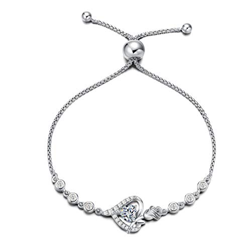 Agvana Damen Armband Herz, 925 Sterling Silber Geburtsstein Armbänder, April Birthstone Simulierter Diamant Rose Blume Herz Verstellbare Armband Edlen Schmuck Geschenk für Frauen Ehefrau Mama von AGVANA