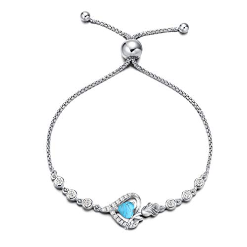 Agvana Damen Armband Herz, 925 Sterling Silber Geburtsstein Armbänder, Dezember Geburtsstein Erstellt Türkis Rose Blume Herz Verstellbare Armband Edlen Schmuck Geschenk für Frauen Ehefrau Mama von AGVANA