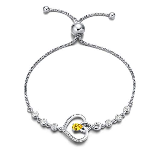 Agvana Damen Armband Herz, 925 Sterling Silber Infinity Armband Geburtsstein Armbänder, November Geburtsstein Echter Citrin Verstellbare Armband Edlen Schmuck Geschenk für Frauen von AGVANA