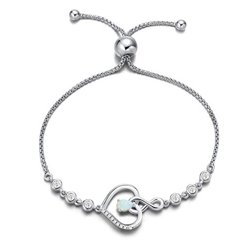 Agvana Damen Armband Herz, 925 Sterling Silber Infinity Armband Geburtsstein Armbänder, Oktober Geburtsstein Erstellt Opal Verstellbare Armband Edlen Schmuck Geschenk für Frauen von AGVANA