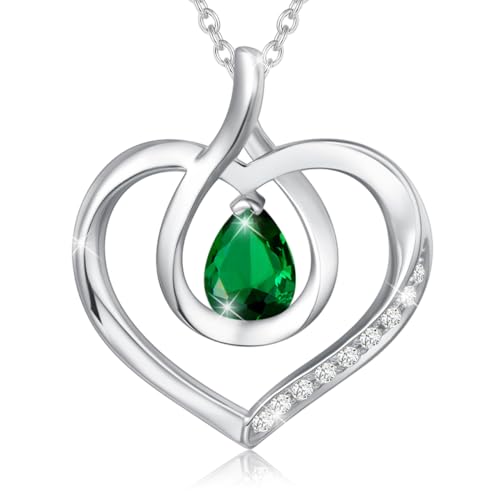 Agvana Kette Herz Damen Halskette Mai Geburtsstein Smaragd Kette 925 Sterling Silber Anhänger, Valentinstag Jubiläum Geburtstag Geschenk Geschenke für Mädchen Freundin Mutter von AGVANA