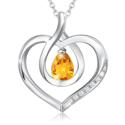 Agvana Kette Herz Damen Halskette November Geburtsstein Citrine Kette 925 Sterling Silber Anhänger, Valentinstag Jubiläum Geburtstag Geschenk Geschenke für Mädchen Freundin Mutter von AGVANA