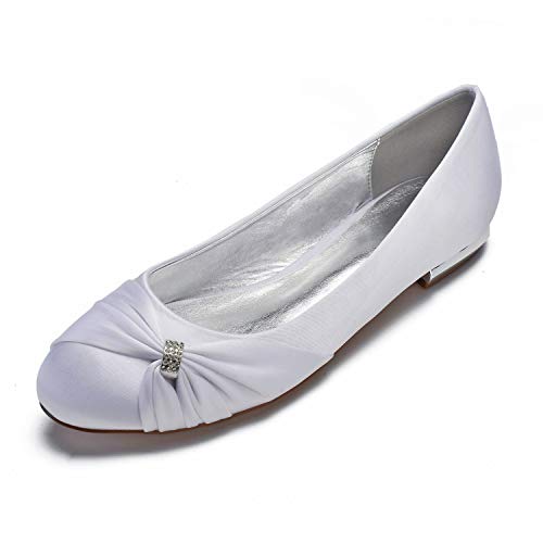 AGVER Damen Klassische Ballerinas Strass Dekoration Satin Hochzeit Partei Abschlussball Flach Brautschuhe,Weiß,39 EU von AGVER