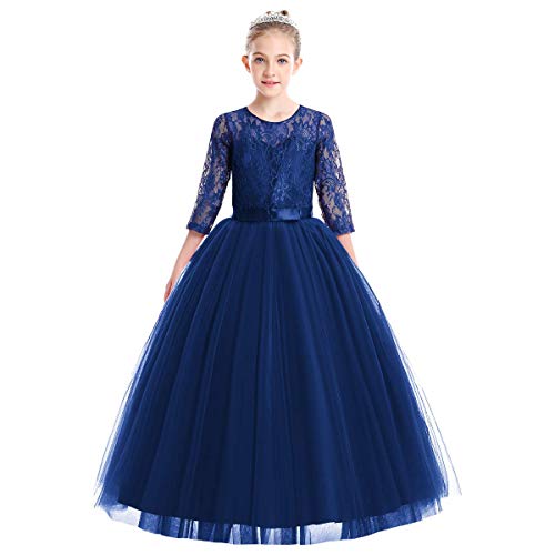 AGYMNX Abendkleid Mädchen 3/4 Ärmel Tütükleid Spitze Prinzessinkleid für Kinder Festliches Tüll Partykleid Marineblau 150 von AGYMNX