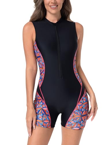 AGYMNX Badeanzug Damen Sport Bauchweg mit BH Pads Sport Bademode Damen �rmellose Schwimmanzug 1/2 Zip Skinny Surf Bademode Schwarzer Diamant S von AGYMNX