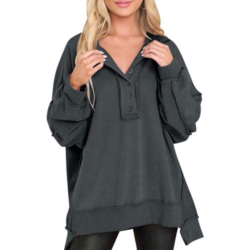 AGYMNX Baumwolle Sweatshirt Damen Langarmshirt Oversized Tunika Tops Elegant Basic Pullover Rundhals Freizeit Pulli Herbst Winter Casual Oberteile Langarm Tops mit Knopfleiste grau L von AGYMNX