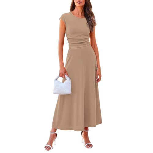 AGYMNX Damen 2 Teiler Set Kleider Rundhalsausschnitt Oberteil Hohe Taille Rüschenrock Set Sommer Strickoberteil und Langer Kleid Causal Cocktail Club Party Anzug Kahki M von AGYMNX