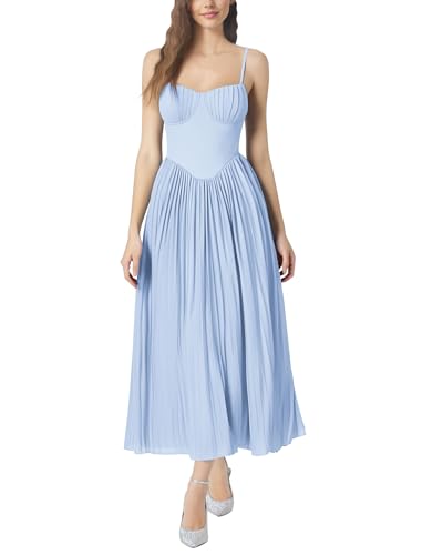 AGYMNX Damen Kleid V-Ausschnitt Bustier �rmelloses Halter Elegant Taille und Knie A-Linie Kleider Cocktail Party Strand Abend Fr�hling Sommer Blau S von AGYMNX