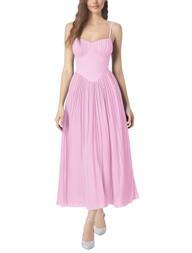 AGYMNX Damen Kleid V-Ausschnitt Bustier �rmelloses Halter Elegant Taille und Knie A-Linie Kleider Cocktail Party Strand Abend Fr�hling Sommer Rosa L von AGYMNX