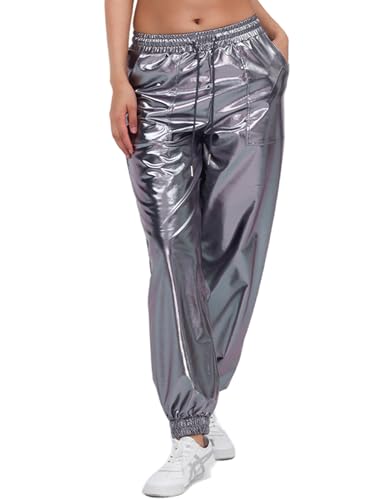 AGYMNX Damen Metallic Gl�nzend Hosen mit Kordelzug Jogger Casual Holographische Farbe High Waisted Metallic Pants Drawstring mit Taschen Disco Hip Hop Theme Party Grau S von AGYMNX